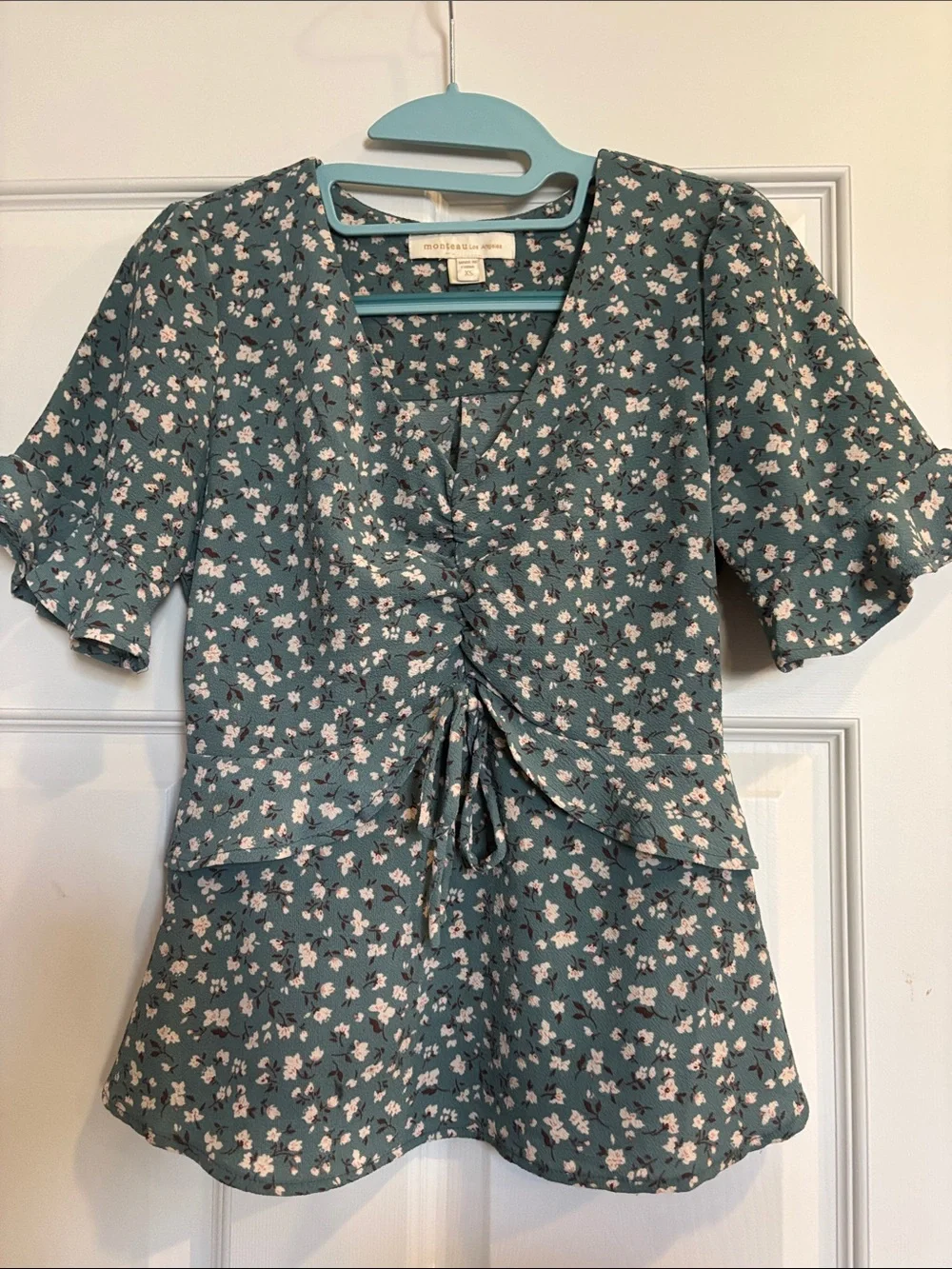Madewell Teal Floral Drawstring Peplum Top